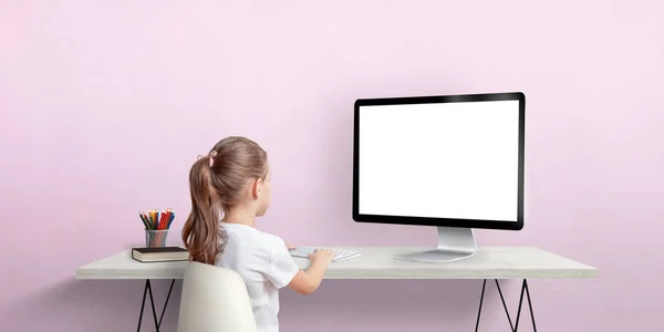 Young Girl Work Computer Concept Isolated Computer Display Mockup Work —  Fotos de Stock