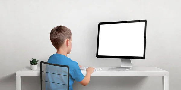 Boy Working Computer Mockup Isolated Displaz Screen Web Page Promotion — Stockfoto