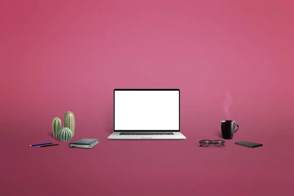 Laptop Mockup Surrounded Things Work Rose Background Isolated Screen Web — Stockfoto