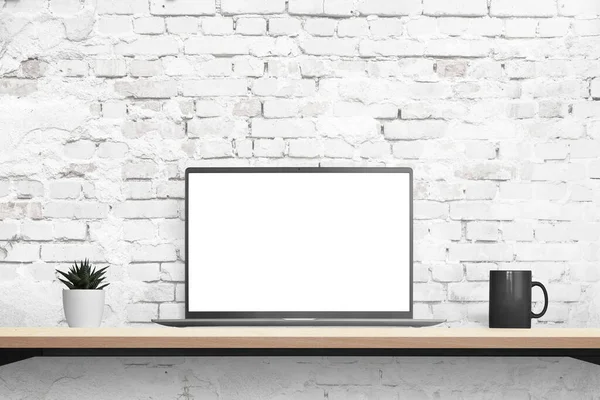 Laptop Mockup Desk Brick Wall Background Isolated Displaz White Mockup — Fotografia de Stock