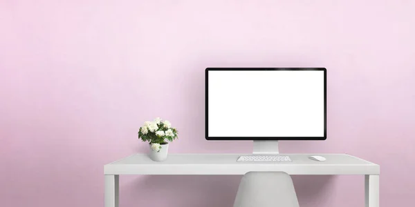 Modern Computer Display White Desk Pink Wall Bacgkround Isolated Computer — Zdjęcie stockowe