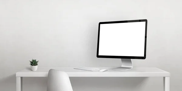 Computer Display Mockup Work Desk Copy Space White Wall Isolated — Stockfoto