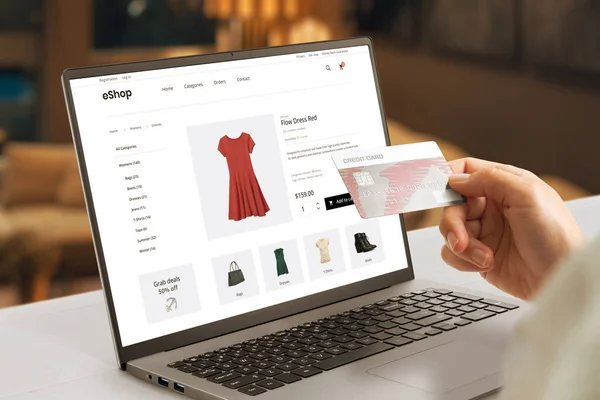 Shopping Online Credit Card Concept Modern Commerce Web Page Woman — Foto Stock