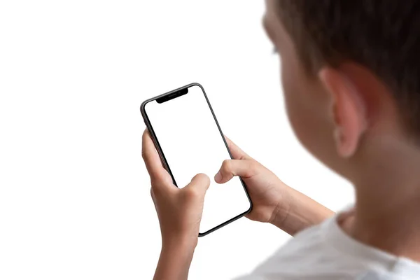 Jongen Met Smartphone Met Geïsoleerde Display Achtergrond — Stockfoto