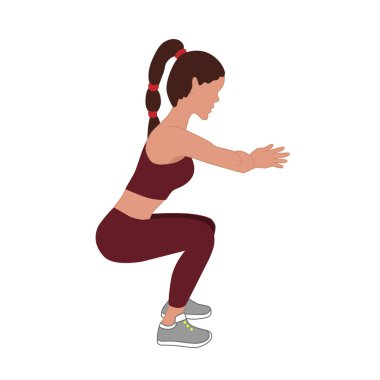 Genç, narin bir kadın çömeliyor. Bacaklar ve kalçalar için egzersiz. Spor üniformalı bir sporcunun vektör çizimi.