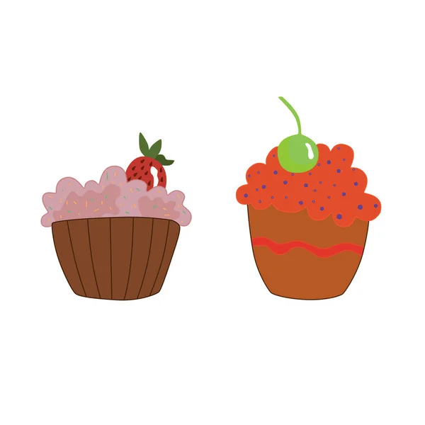 Ein Set Kleiner Kuchen Mit Schlagsahne Und Beeren Verziert Süße — Stockvektor