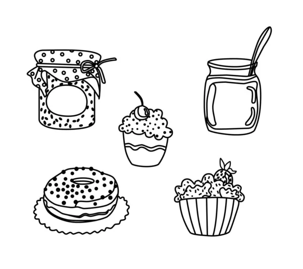 Set Delicious Cupcakes Whipped Cream Berries Raspberry Jam Honey Jar — Stock Vector