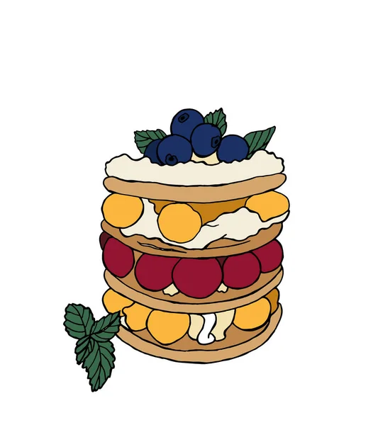 Puff Pastry Cream Berries Vector Illustration Dessert Style Doodles — 图库矢量图片