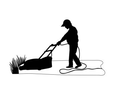 Bir adam çim biçme makinesiyle çimleri biçiyor. Parkta çalışan bir çalışanın siyah silueti. Beyaz arkaplanda izole edilmiş vektör illüstrasyonu.