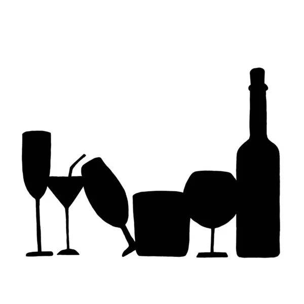 Fondo Vino Horizontal Estilo Garabatos Patrón Negro Con Botella Gafas — Vector de stock