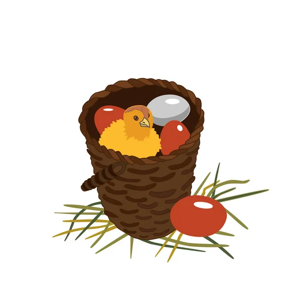 Μεμονωμένα Κινούμενα Σχέδια Πασχαλινή Πινακίδα Καλάθι Μωρό Κοτόπουλο Και Αυγά — Διανυσματικό Αρχείο