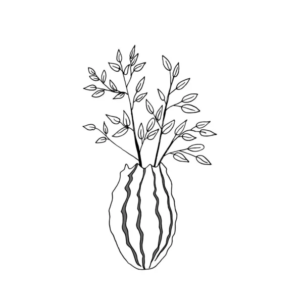 Schöne Vase Ein Topf Mit Birkenzweigen Zimmerpflanze Stil Von Doodles — Stockvektor