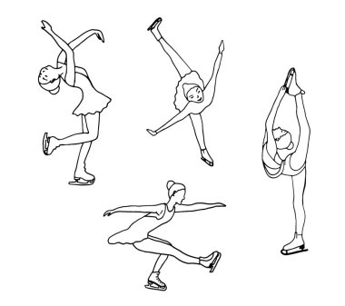 Buz üzerinde artistik patinaj yapan bir grup kız silueti. Karalama biçiminde vektör illüstrasyonuName.