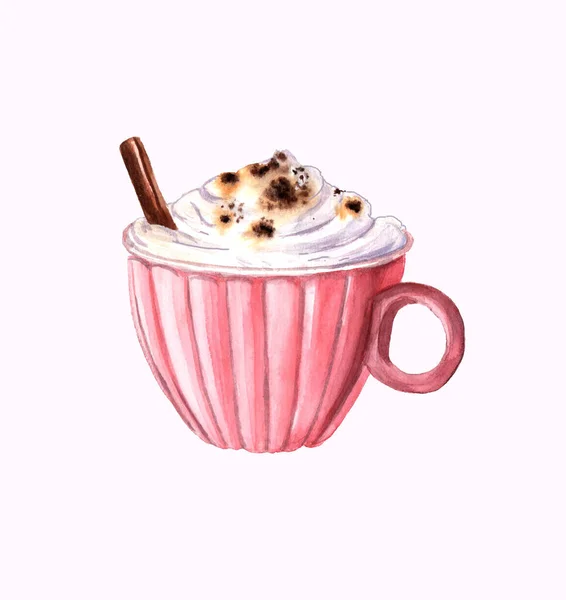 Delicious Cappuccino Pink Cup Cinnamon Stick Watercolor Illustration Drinks Desserts — Stock Photo, Image