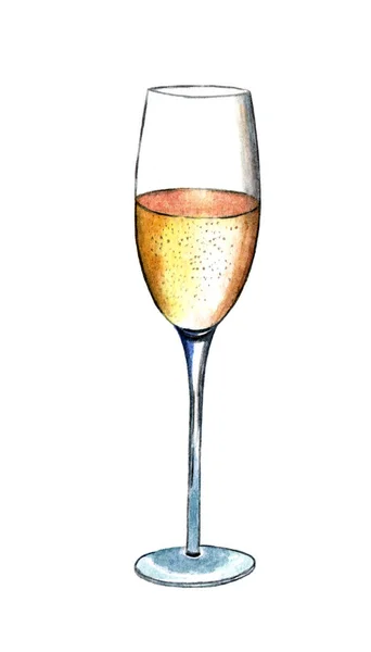 シャンパンの手描きの背の高いガラス 白を基調とした水彩画 — ストック写真