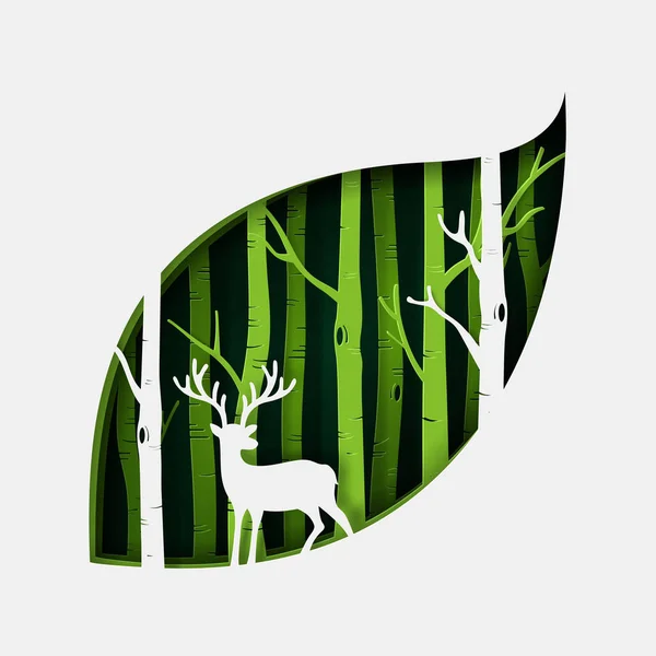 Vektor Och Digitala Hantverk Stil Grön Ekoskog Med Rådjur — Stock vektor