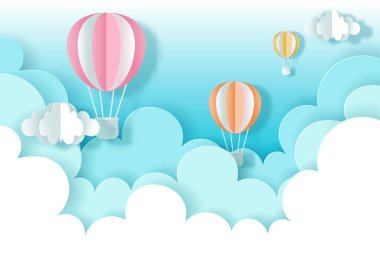 Gökyüzünde uçan uçak ve balonların vektör ve dijital zanaat stili. Seyahat etme zamanı.