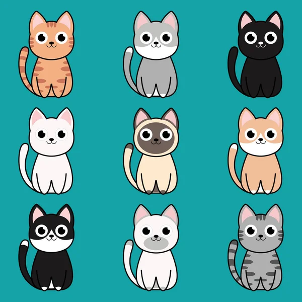 Différents Personnages Chat Bande Dessinée Ensemble Poses Émotions — Image vectorielle