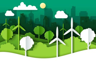 Yeşil ekolojik şehir, Dünya günü ve dünya çevresi konsepti ile manzaranın vektör illüstrasyonu.