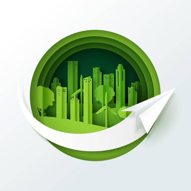 Yeşil ekolojik şehir, Dünya günü ve dünya çevresi konsepti ile manzaranın vektör illüstrasyonu.