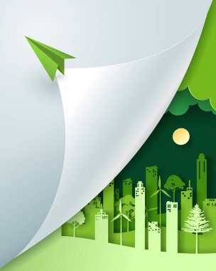 Yeşil ekolojik şehir, Dünya günü ve dünya çevresi konsepti ile manzaranın vektör illüstrasyonu.