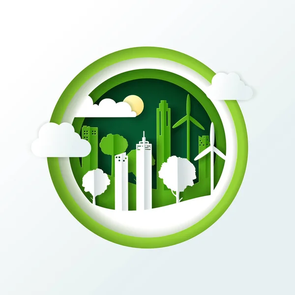 緑のエコ都市 地球の日と世界環境の日の概念と風景のベクトル図 — ストックベクタ