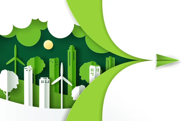 緑のエコ都市 地球の日と世界環境の日の概念と風景のベクトル図 — ストックベクタ