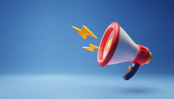 Значок 3D мегафона на синем шаблоне для рекламного баннера