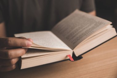 Genç adam kitap ya da kutsal kitap okuyor ve İncil 'i oturma odasında paylaşıyor..