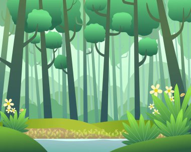 İlkbaharda çam ormanı olan vektör manzarası. Çizgi film tarzının arkaplanı, EPS 10 vektörü.