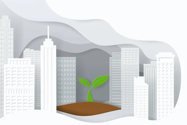 Ilustração Paper Art City Com Conceito Sapling Meio Ambiente Natureza —  Vetores de Stock