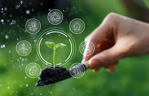 Icono Del Medio Ambiente Concepto Mano Del Hombre Pala Poco — Foto de Stock