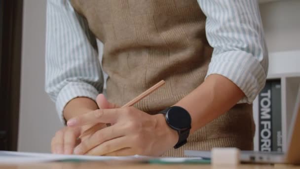 Asian Teenage Who Dreaming Architect Engineer Practice Drawing Blueprint Homework — Stock Video
