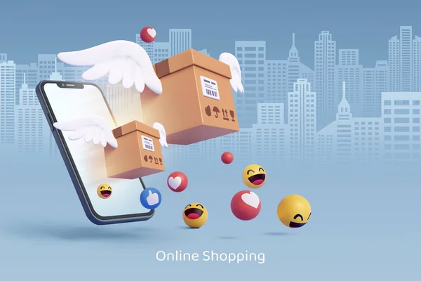 Vector Cardboard Box Parcel Fly Out Smart Phone Online Shopping — Archivo Imágenes Vectoriales