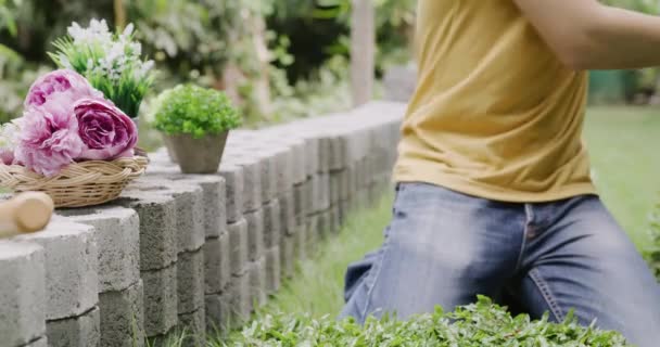 Young Man Gardening Preparing Grass Carpet Plant Lawn Nature Green — Video