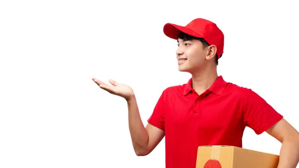 Portrait Young Handsome Asian Delivery Man Carrying Paper Parcel Standing — Stockfoto