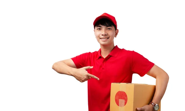 Portrait Young Handsome Asian Delivery Man Carrying Paper Parcel Standing — Foto de Stock