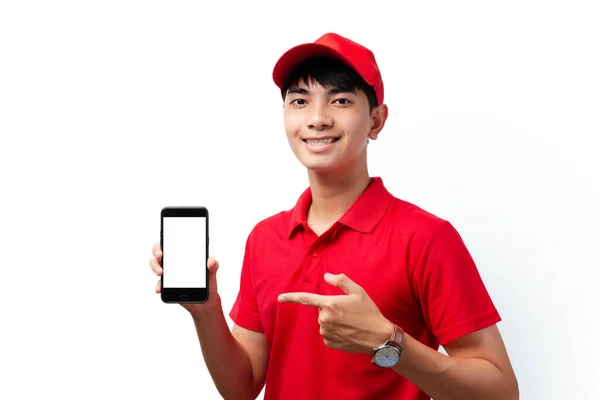 Portrait Young Handsome Asian Delivery Man Holding Smartphone Standing White — Stock Photo, Image