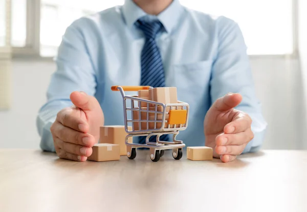 Cardboard Box Cargo Trolley Businessman Hands Online Shopping Logistic Cargo — Zdjęcie stockowe