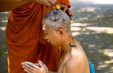 Asian man shaving his head by elder monk before ordain ceremony, Study the Dharma according to the teachings of the Buddha.