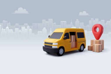 Kutu kargo, teslimat ve online alışveriş konseptiyle 3d Vektör Kargo Minibüsü.