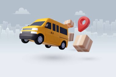 Kutu kargo, teslimat ve online alışveriş konseptiyle 3d Vektör Kargo Minibüsü.