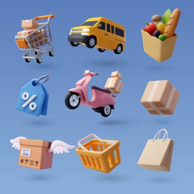 3D çevrimiçi alışveriş simgesi, iş ve ücretsiz nakliye konsepti.