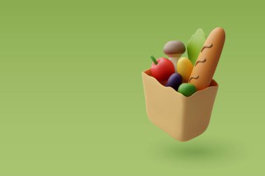 3 boyutlu sağlıklı yiyecek torbası, organik taze ve doğal yiyecek. Bakkal teslimatı konsepti. 