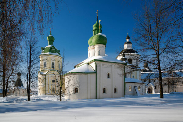 View of the church of Bishop Epiphanius of Cyprus - church-side chapel of the Assumption Cathedral of the Kirillo-Belozersky Monastery on a frosty winter day, Kirillov, Vologda region, Russia