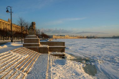 Güneşli bir kış günü, Rusya 'nın St. Petersburg kentinde Petrovskaya Embankment' taki Neva Nehri 'ne inen Çin mitolojik koruyucu aslanının görüntüsü