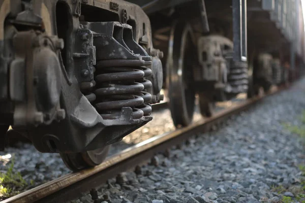 Carruaje Del Vagón Mercancías Locomotora Tren Movimiento Ruedas Metal Fondo — Foto de Stock