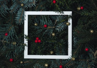 Kırmızı Noel süslemesi ve kağıt kart notuyla Noel ağacı dallarından yapılmış yaratıcı bir düzen. Düz yatıyordu. Doğa Yeni Yıl Konsepti.