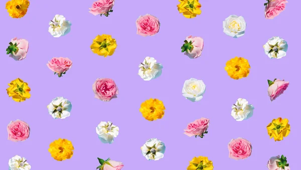 Creative Floral Pattern Made Colorful Flowers Pastel Purple Background Minimal — Stock Photo, Image