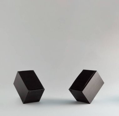 Two modern audio speakers isolated on grey background. Audio stereo system. Copy space.